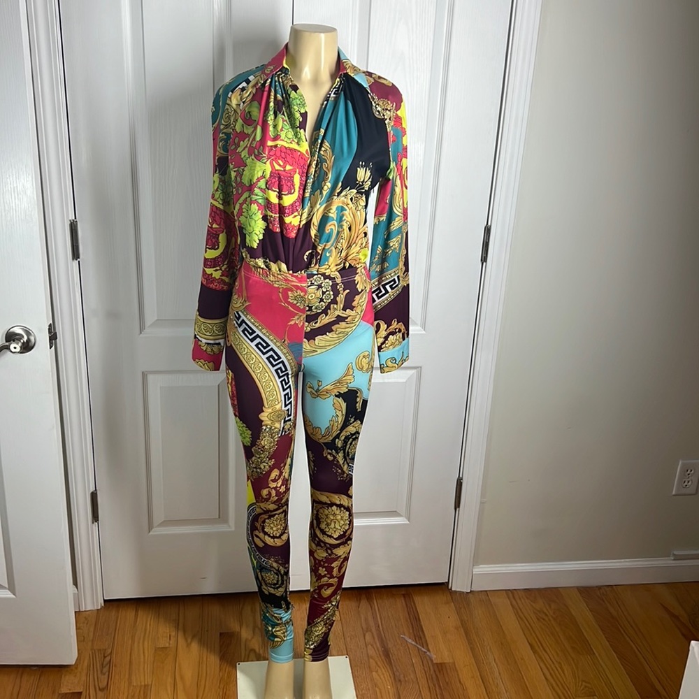 Unique 2 pcs body suit and pants, colorful print, size L